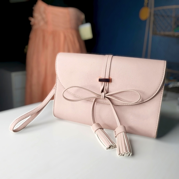 Blush Pink Wristlet Clutch Purse with Oversized Tassels - Rose Gold
